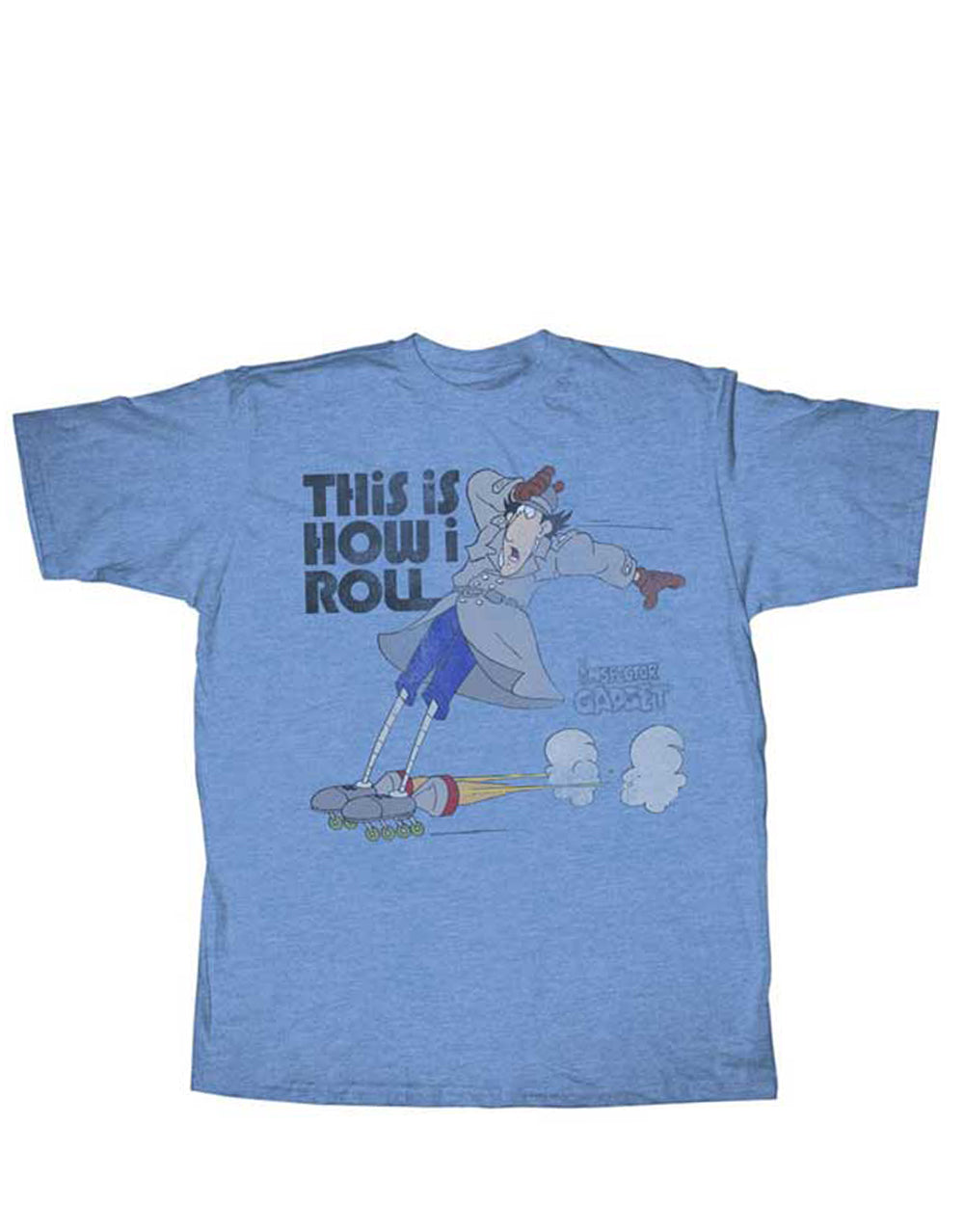 Inspector Gadget roller graphic on a heathered light blue adult t-shirt.