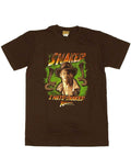 Indiana Jones I hate snakes graphic on a brown adult t-shirt.