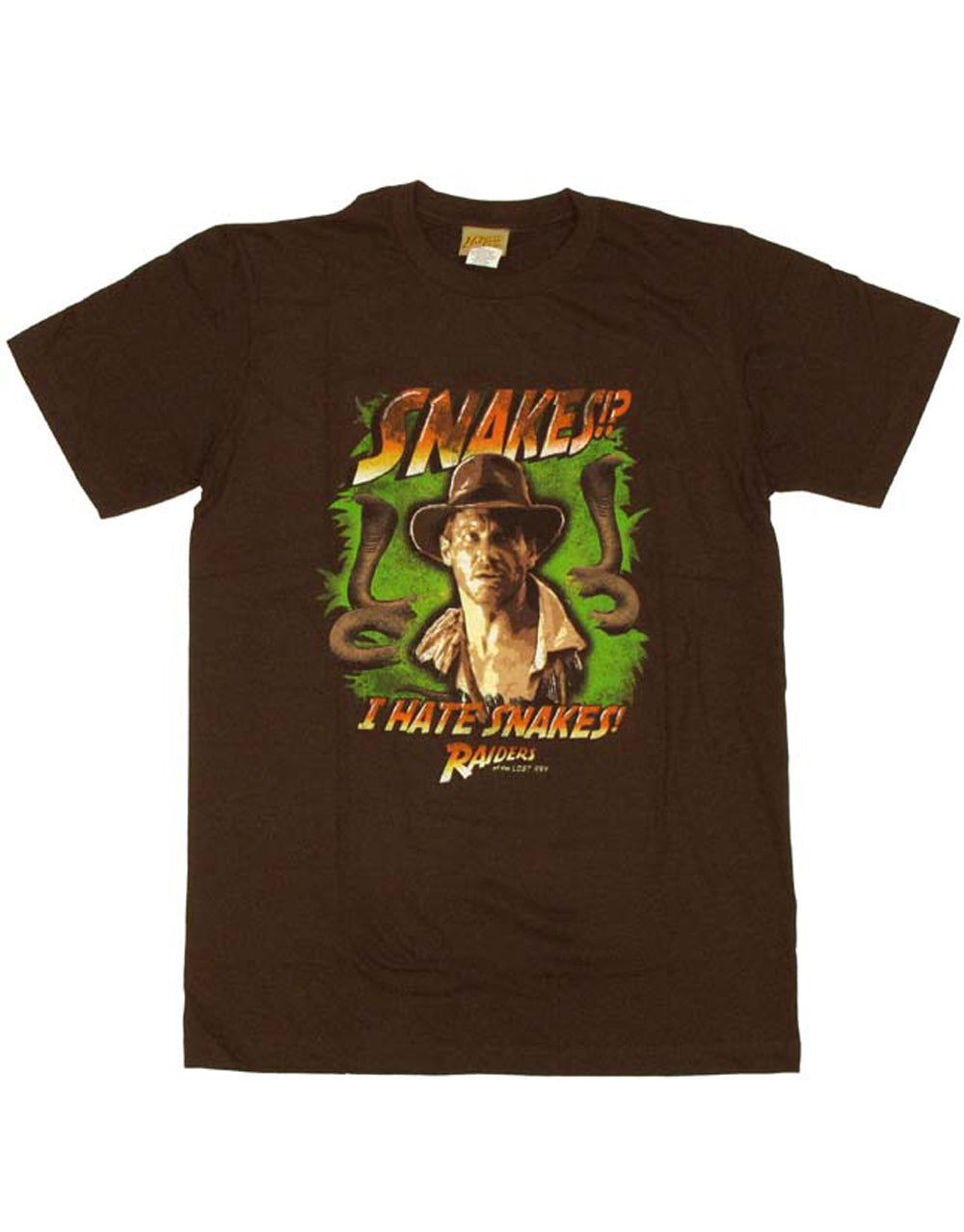 Indiana Jones I hate snakes graphic on a brown adult t-shirt.