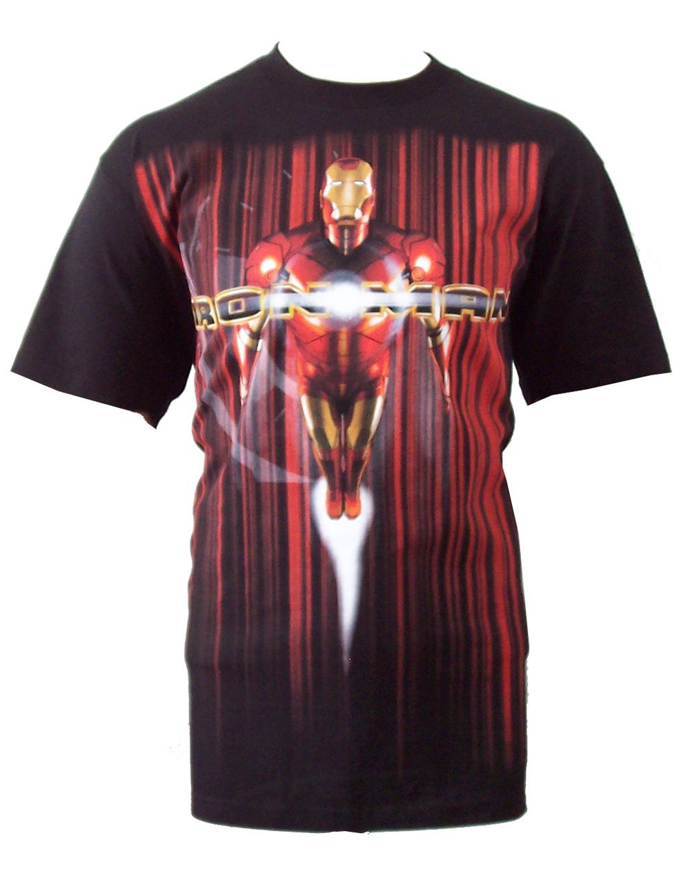 Iron Man flight graphic on a black adult t-shirt.