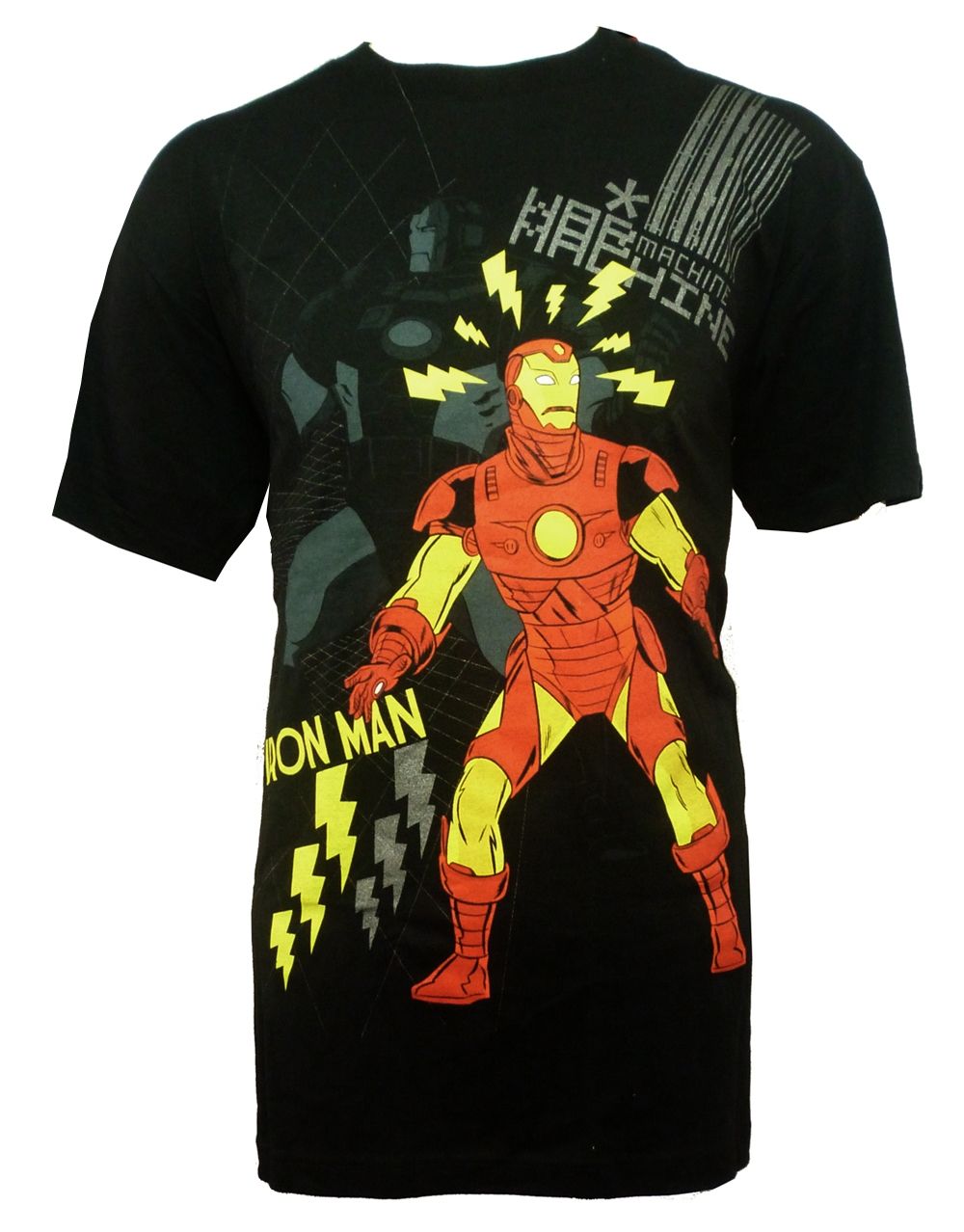 Iron Man war machine graphic on a black adult t-shirt.