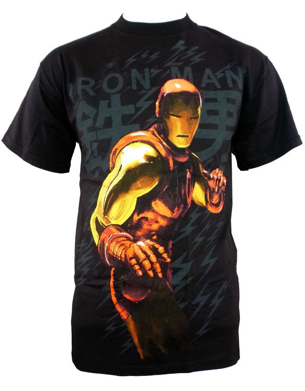 Iron Man kanji graphic on a black adult t-shirt.