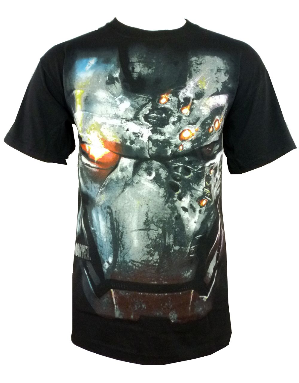 ron Man war face graphic on a black adult t-shirt.