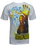 Iron Man hand graphic on a white adult t-shirt.