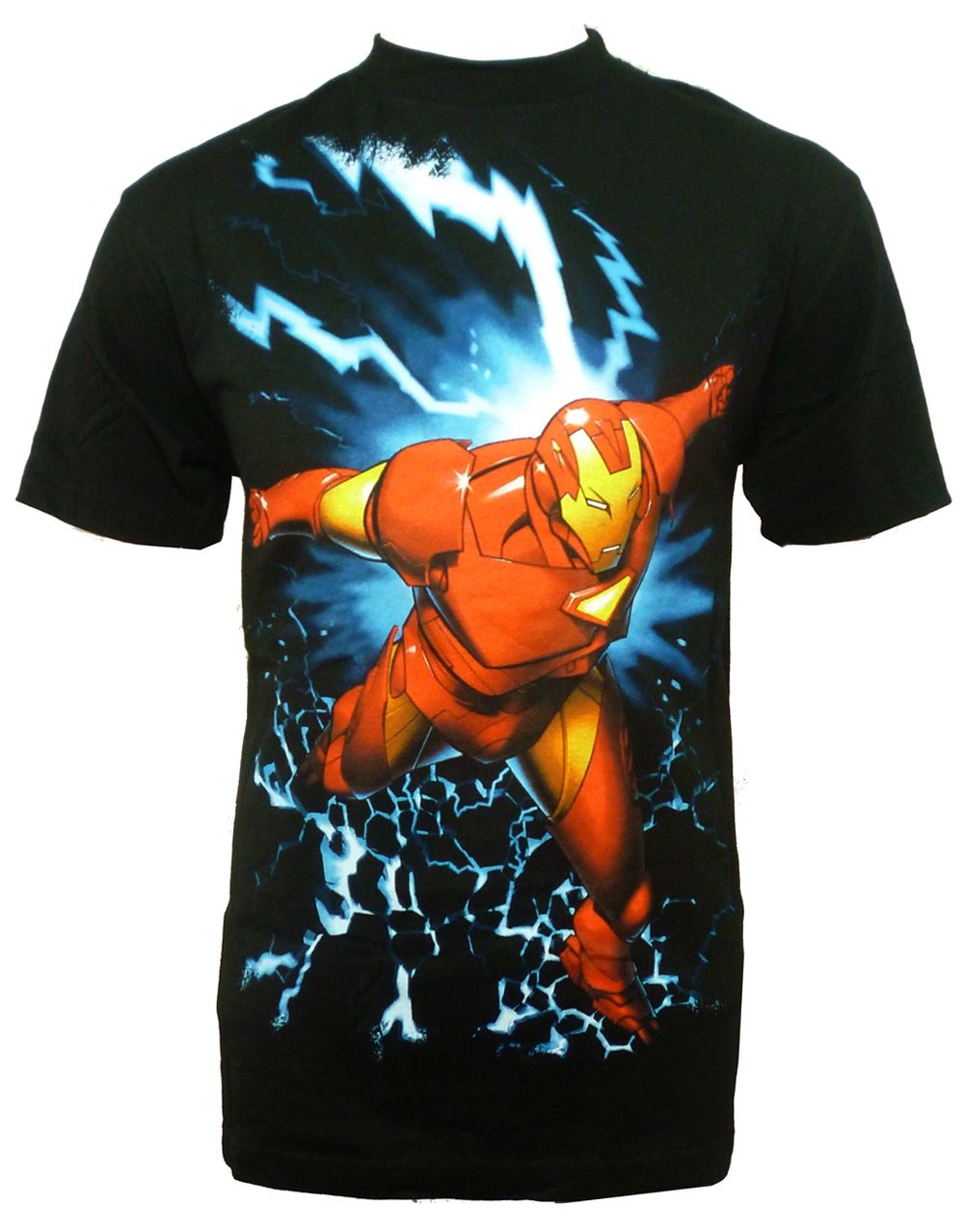 Iron Man power surge graphic on a black adult t-shirt.