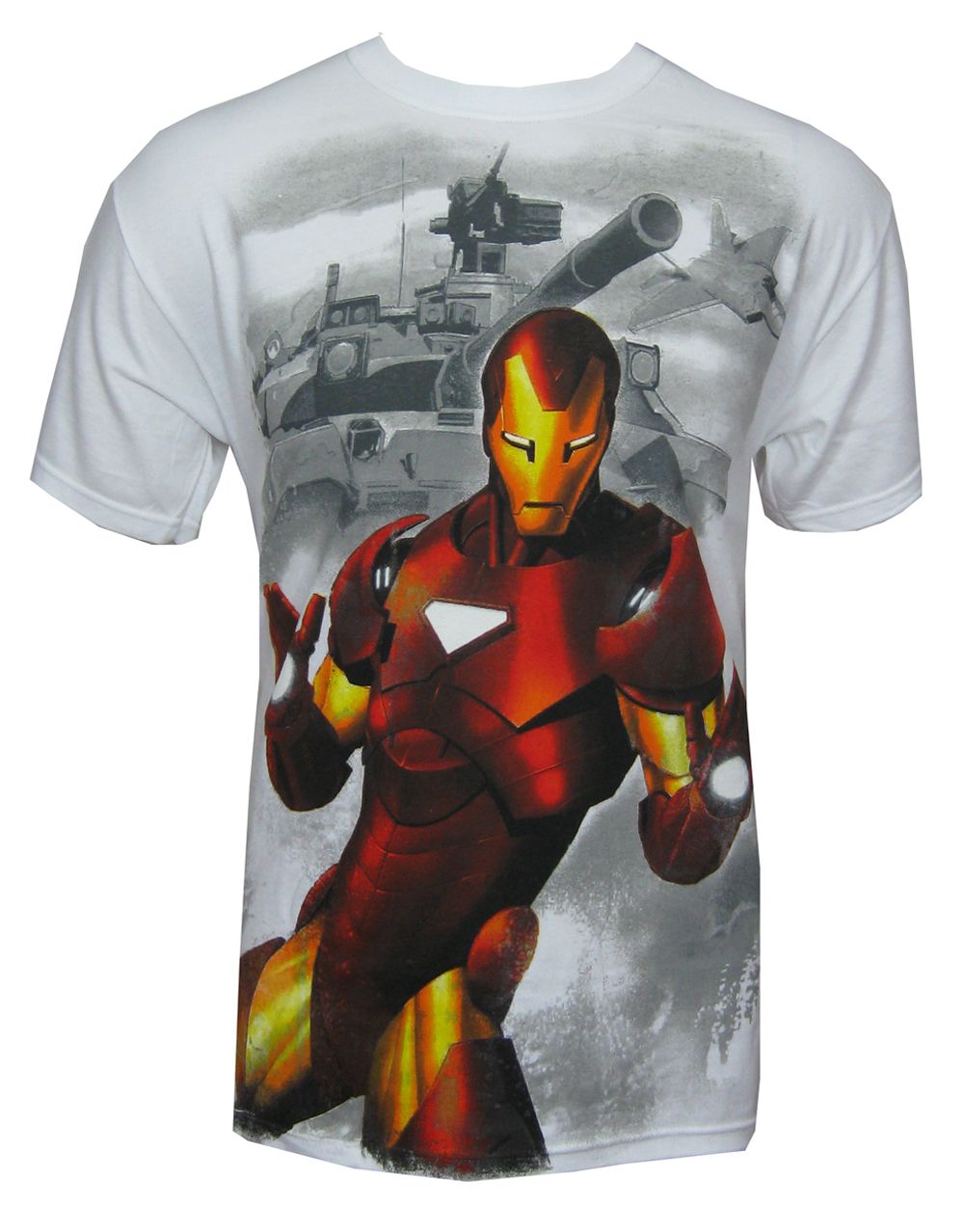 Iron Man tank graphic on a white adult t-shirt.