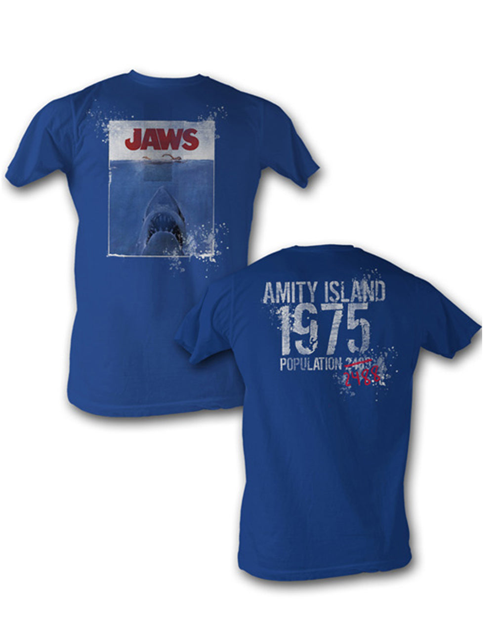 Jaws Amity Island graphic on a blue adult t-shirt.