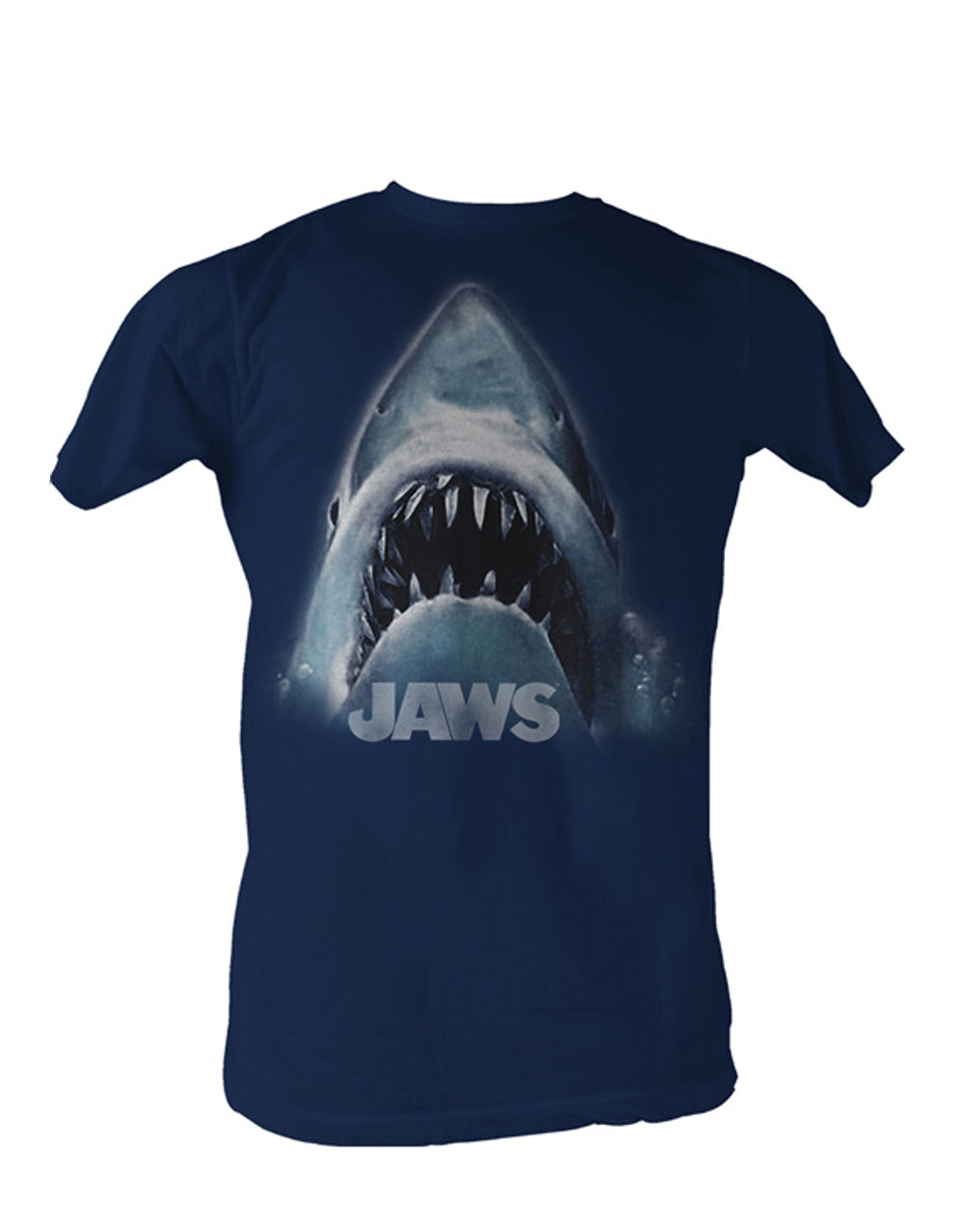 Jaws head graphic on a blue adult t-shirt.