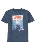 Jaws population graphic on a heathered navy blue adult t-shirt.