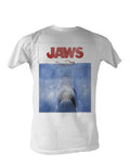 Jaws attack graphic on a white adult t-shirt.