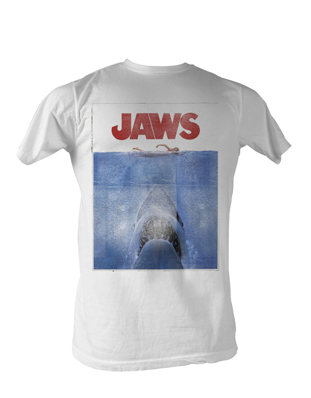 Jaws attack graphic on a white adult t-shirt.
