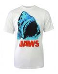 Jaws electric graphic on a white adult t-shirt.