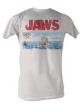 Jaws island graphic on a white adult t-shirt.