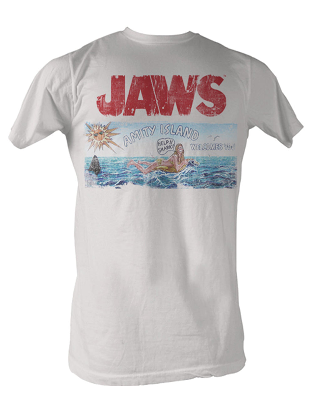 Jaws island graphic on a white adult t-shirt.