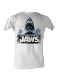 Jaws water graphic on a white adult t-shirt.