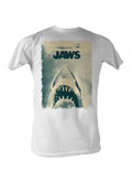 Jaws poster graphic on a white adult t-shirt.