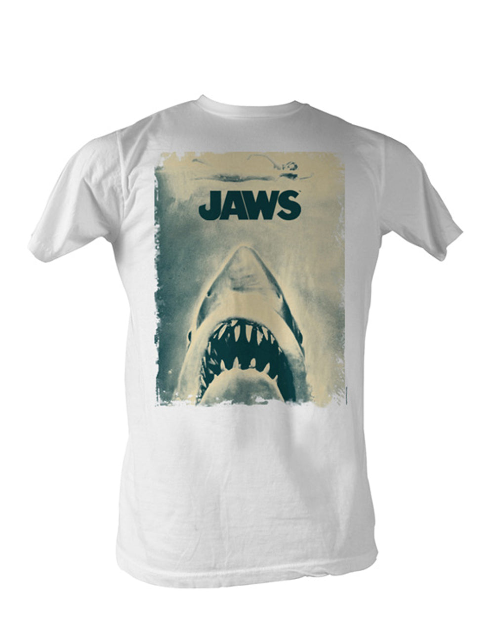 Jaws poster graphic on a white adult t-shirt.
