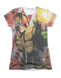 Judge Dredd democracy graphic on a white women's t-shirt.
