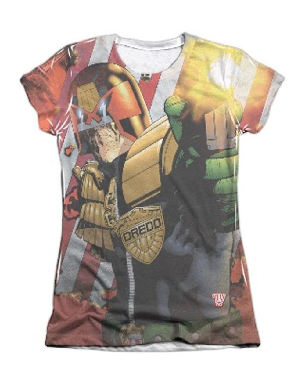 Judge Dredd democracy graphic on a white women's t-shirt.