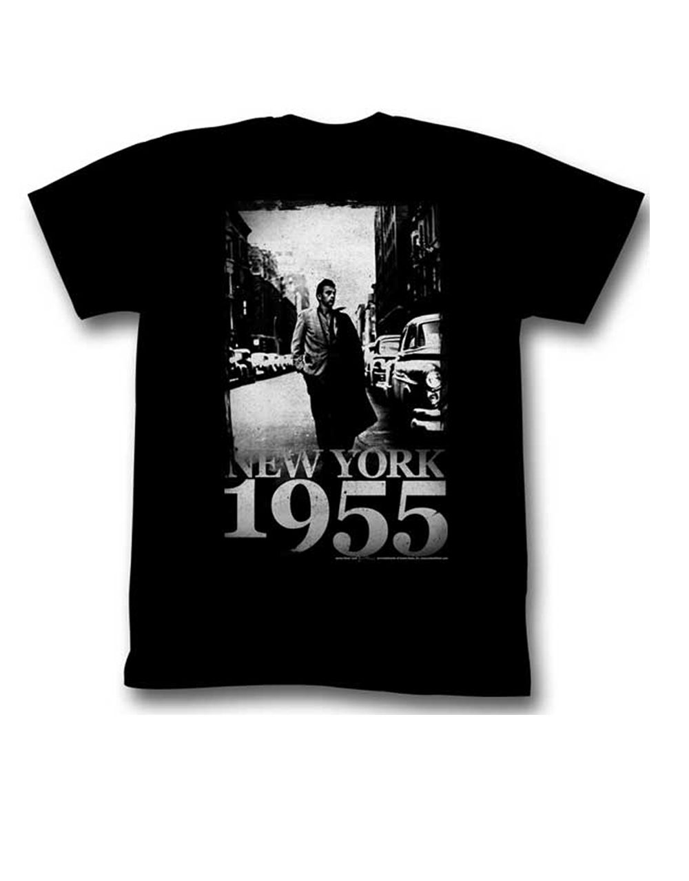 James Dean NY 55 graphic on a black adult t-shirt.