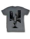 James Dean legend street walker graphic on a heathered grey adult t-shirt.