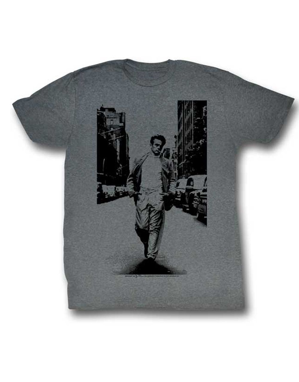 James Dean legend street walker graphic on a heathered grey adult t-shirt.