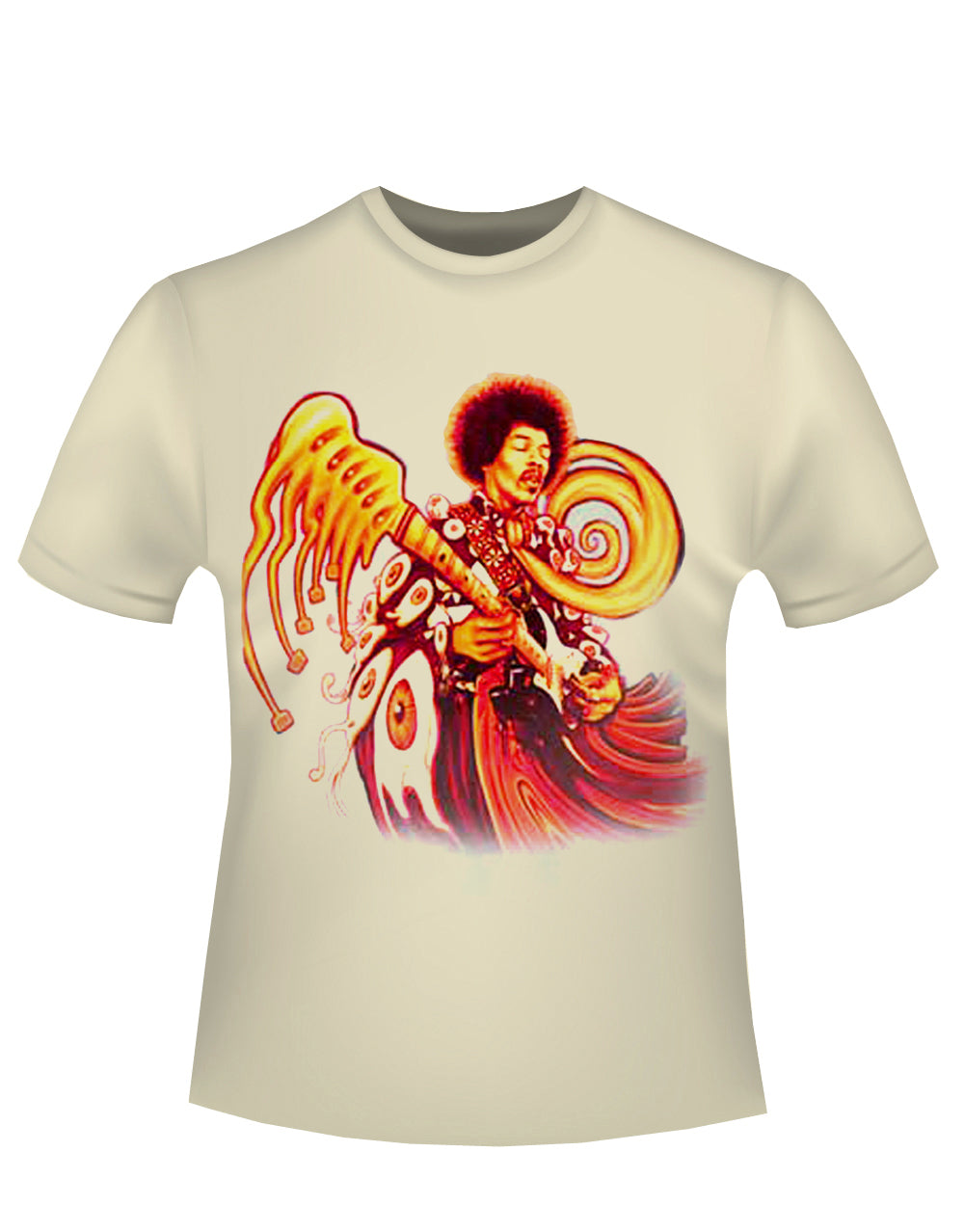 Jimi Hendrix signature graphic on a french vanilla adult t-shirt.
