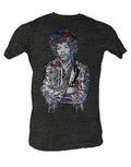 Jimi Hendrix meltin graphic on a black adult t-shirt.