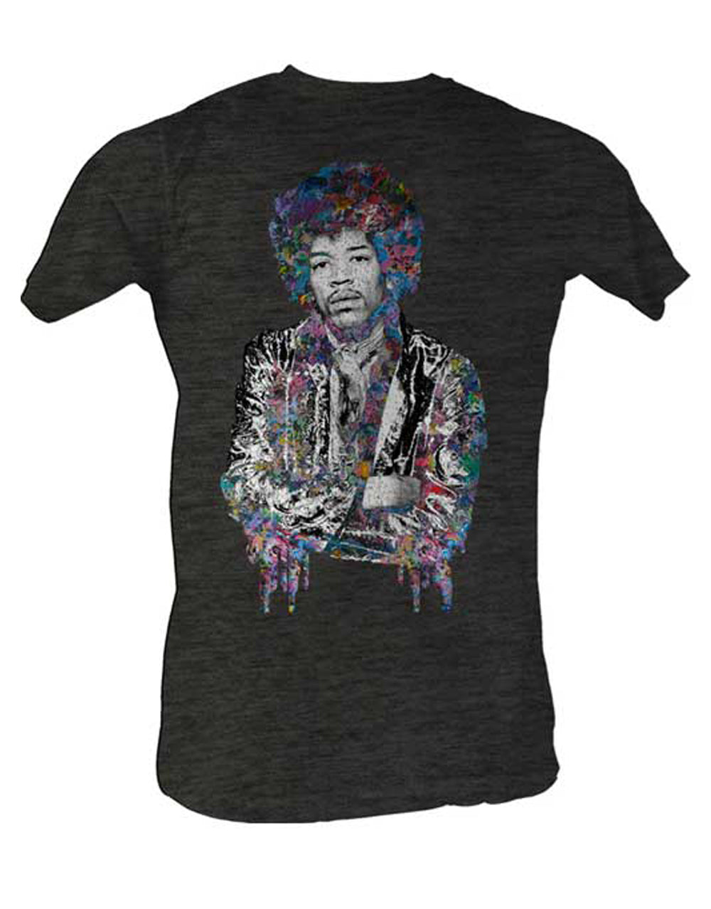 Jimi Hendrix meltin graphic on a black adult t-shirt.