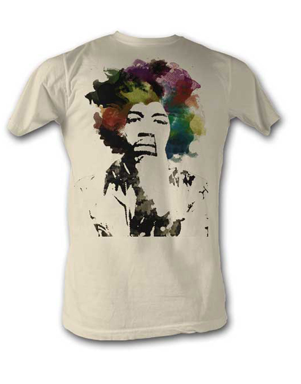 Jimi Hendrix watercolour graphic on a french vanilla adult t-shirt.