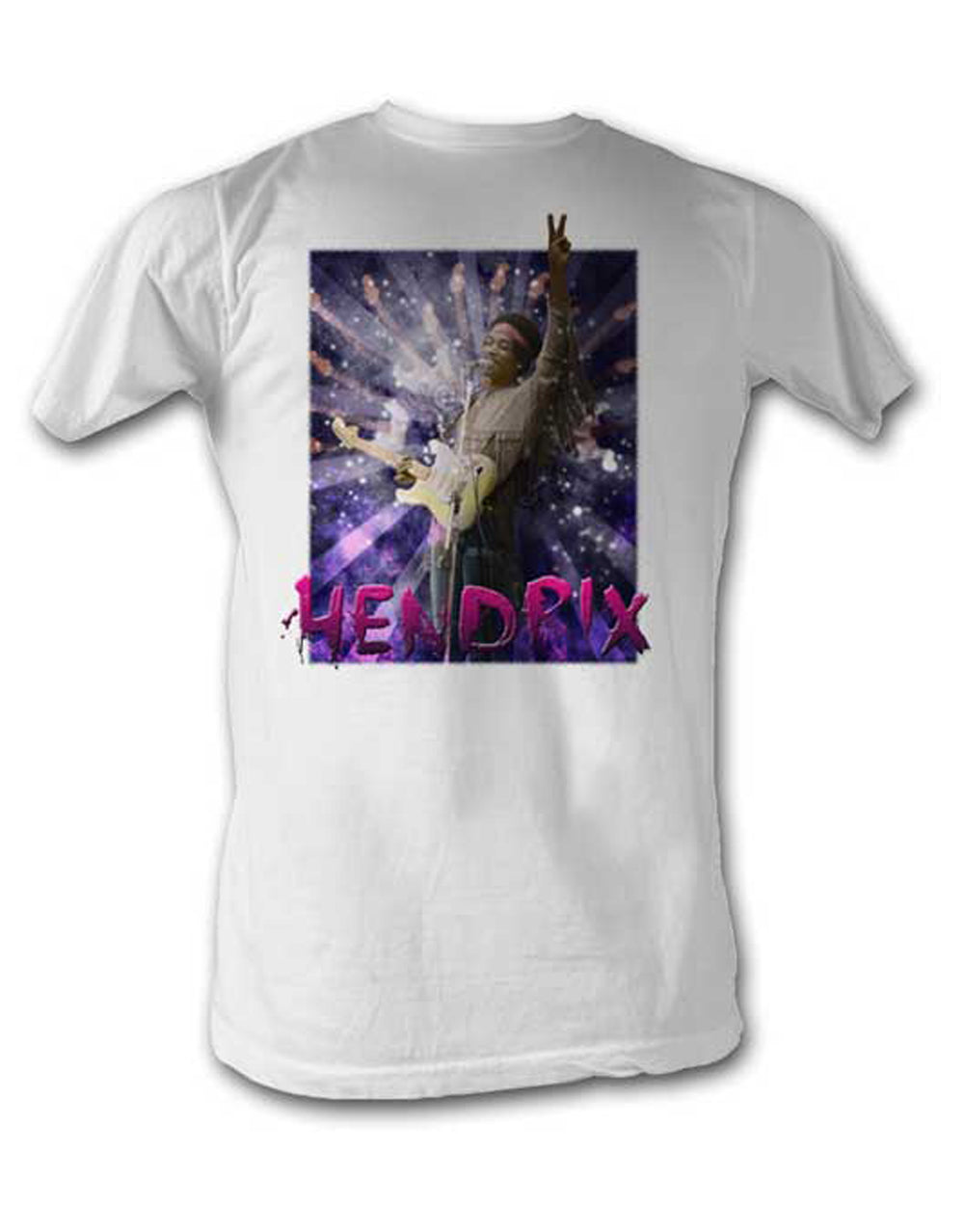 Jimi Hendrix peace out graphic on a white adult t-shirt.