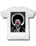 Jimi Hendrix Jimi clown graphic on a white adult t-shirt.