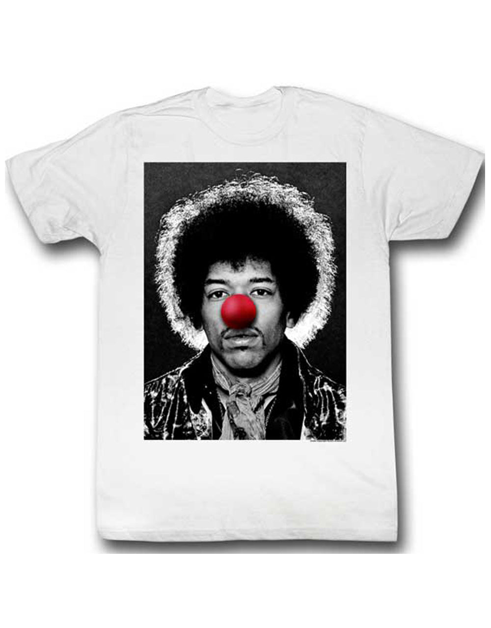 Jimi Hendrix Jimi clown graphic on a white adult t-shirt.