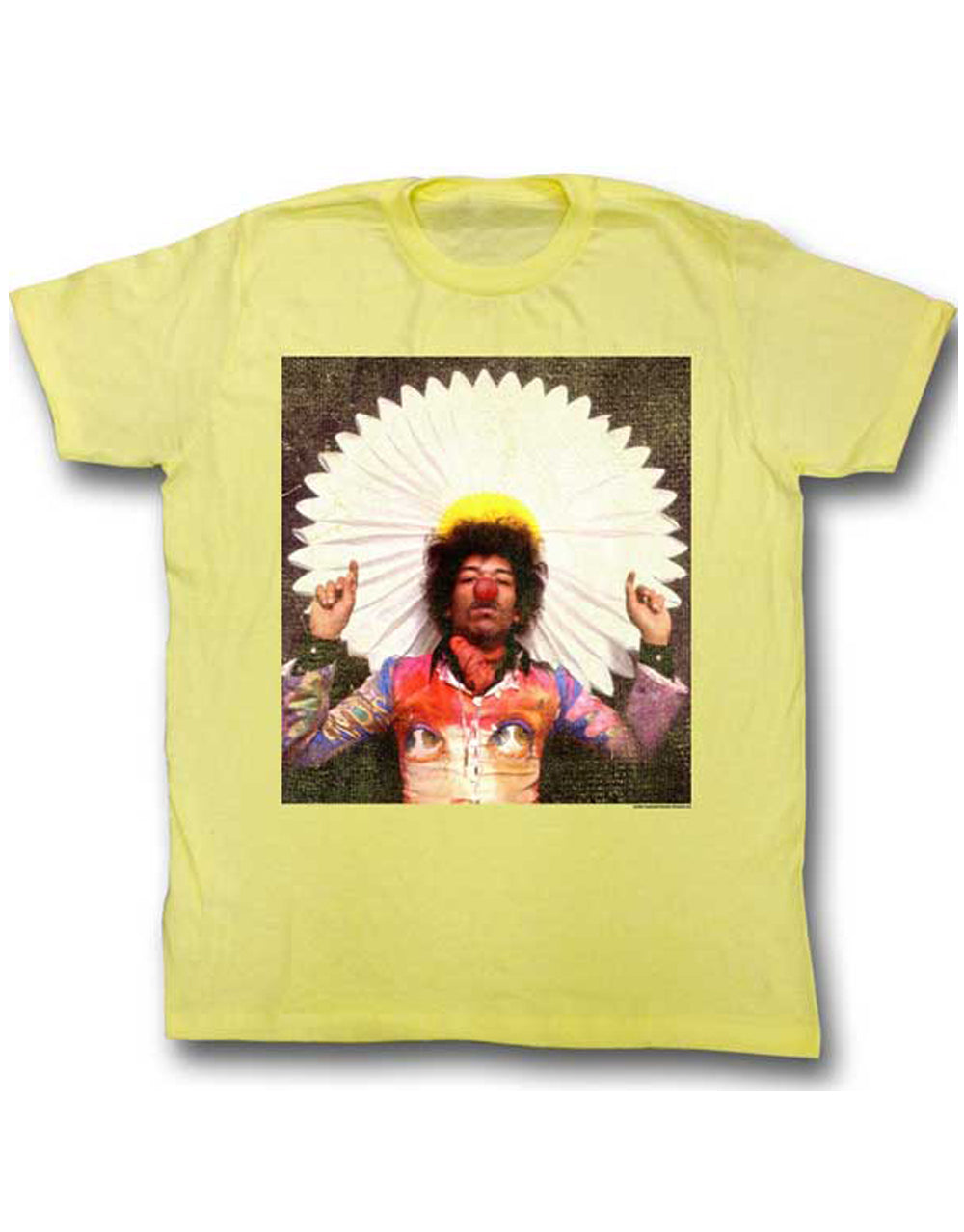 Jimi Hendrix clownin around graphic on a heathered yellow adult t-shirt.