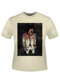 Jimi Hendrix clown stance graphic on a french vanilla adult t-shirt.