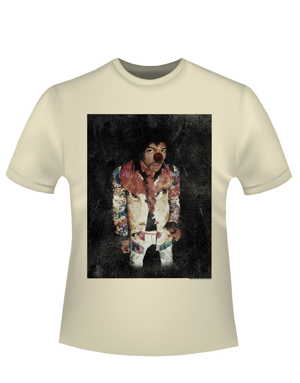 Jimi Hendrix clown stance graphic on a french vanilla adult t-shirt.