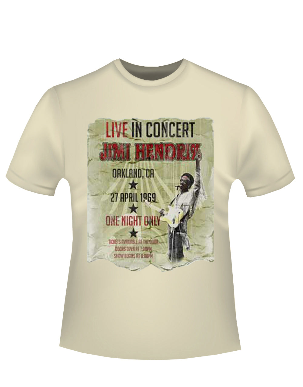 Jimi Hendrix live in concert graphic on a french vanilla adult t-shirt.