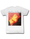Jimi Hendrix electric graphic on a white adult t-shirt.