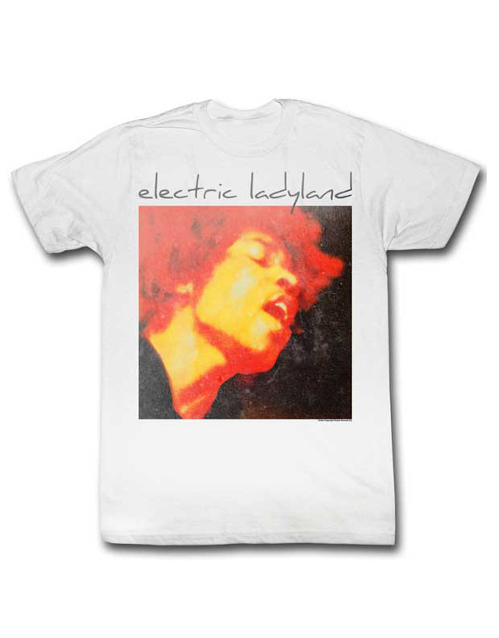 Jimi Hendrix electric graphic on a white adult t-shirt.