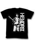 Jimi Hendrix play on graphic on a black adult t-shirt.