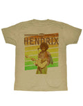 Jimi Hendrix colours graphic on a heathered khaki adult t-shirt.