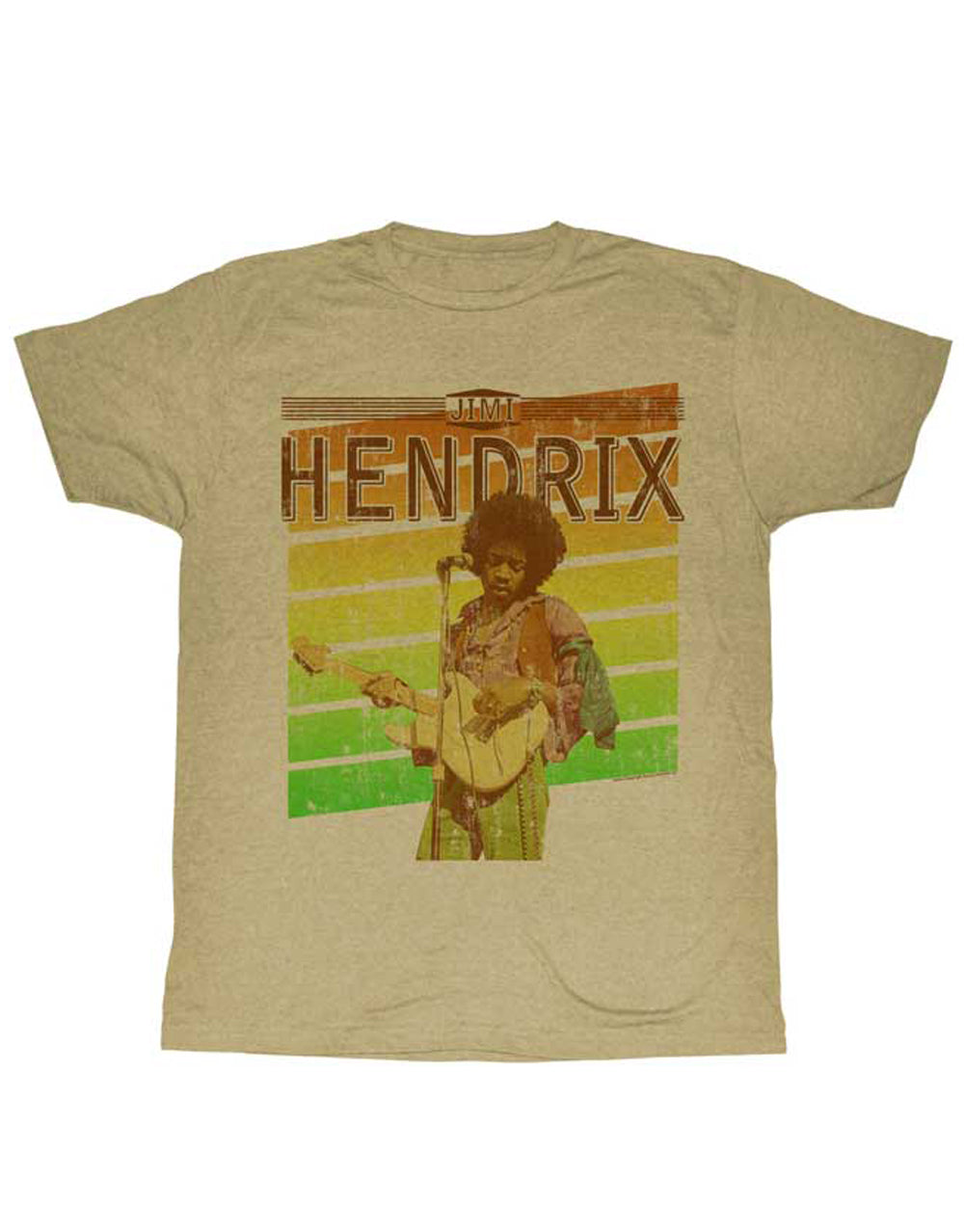 Jimi Hendrix colours graphic on a heathered khaki adult t-shirt.