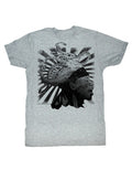 Jimi Hendrix eight arms graphic on a heathered grey adult t-shirt.