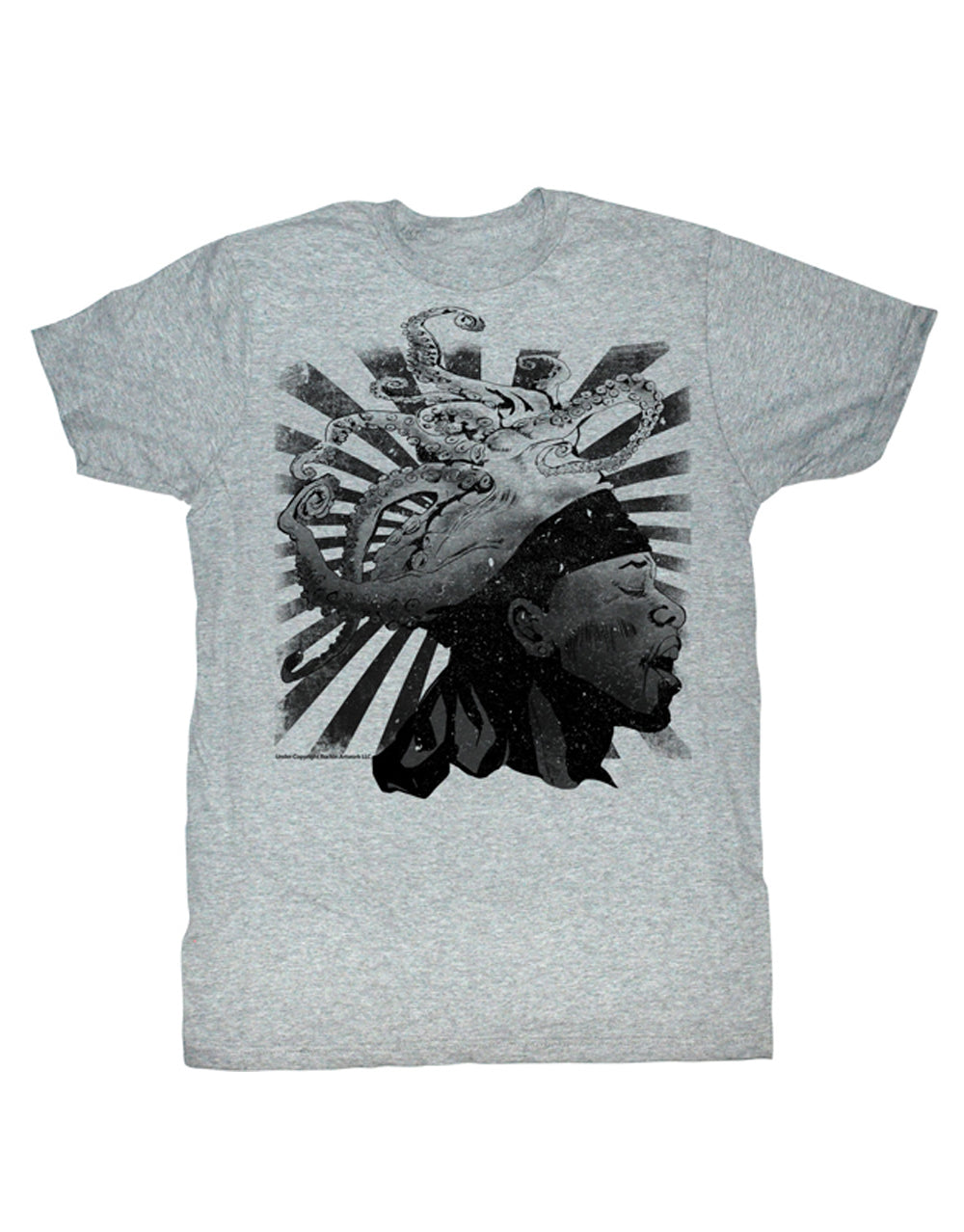 Jimi Hendrix eight arms graphic on a heathered grey adult t-shirt.