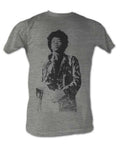 Jimi Hendrix standing graphic on a heathered grey adult t-shirt.