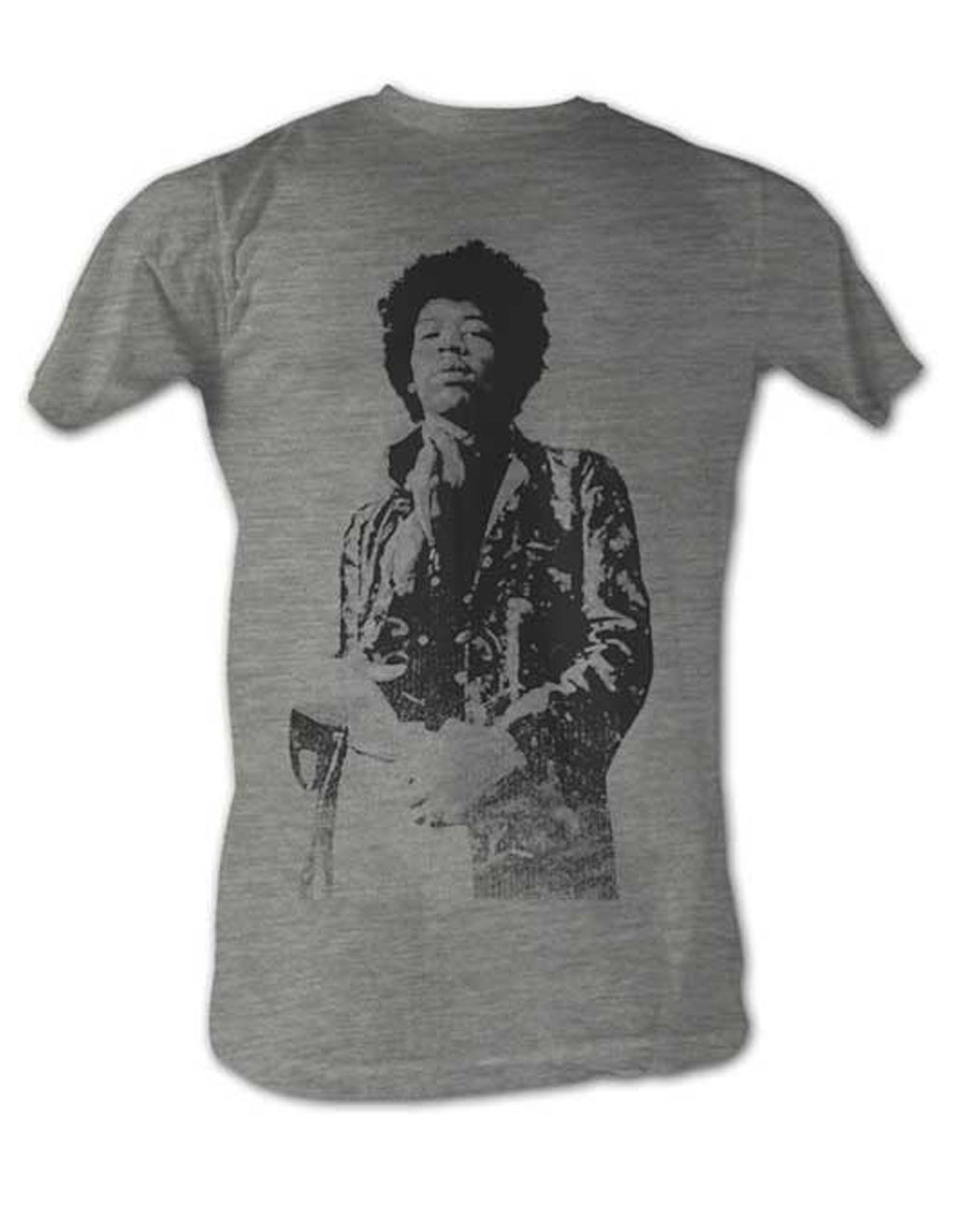 Jimi Hendrix standing graphic on a heathered grey adult t-shirt.