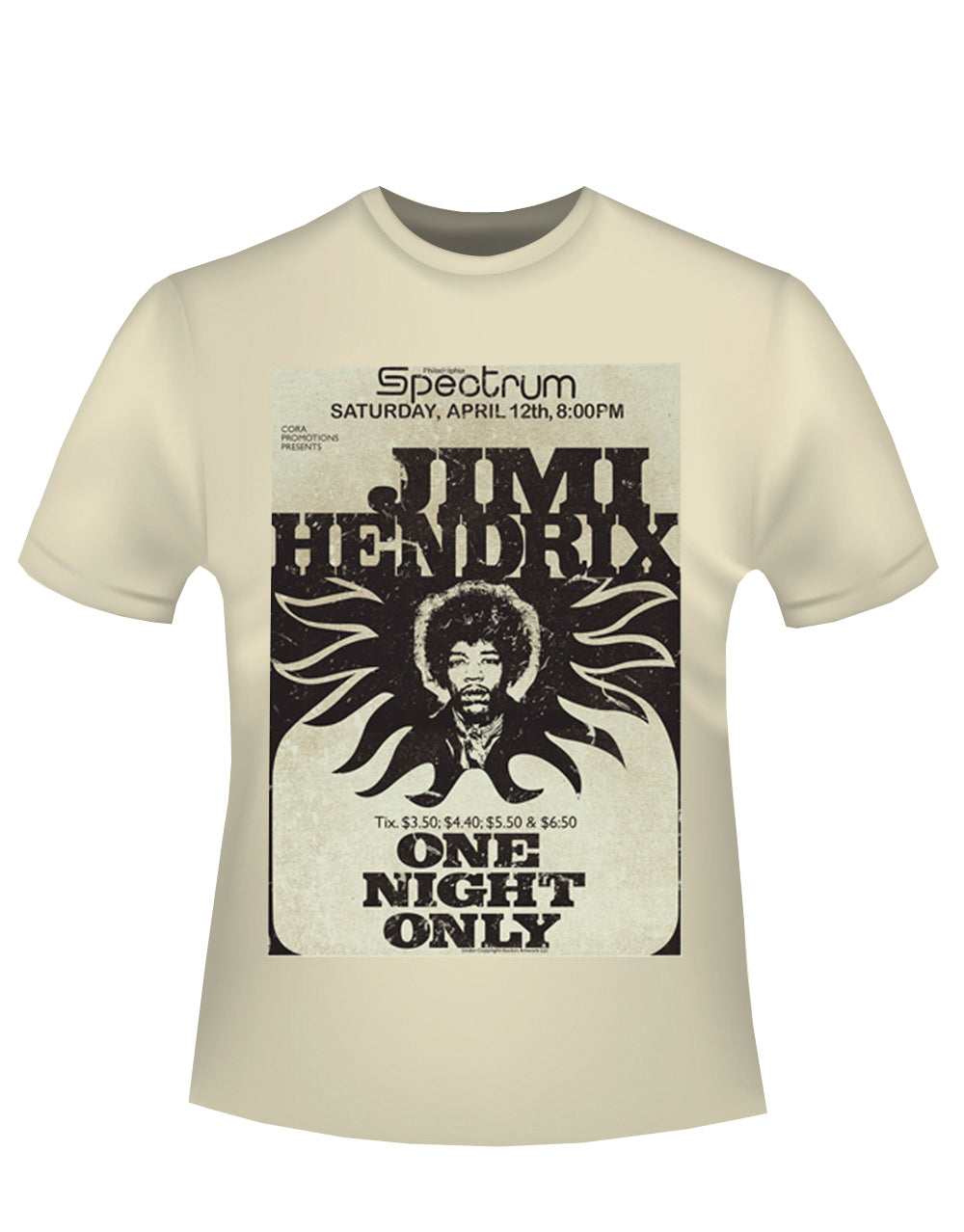 Jimi Hendrix at the spectrum graphic on a french vanilla adult t-shirt.