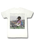Jimi Hendrix expo graphic on a white adult t-shirt.