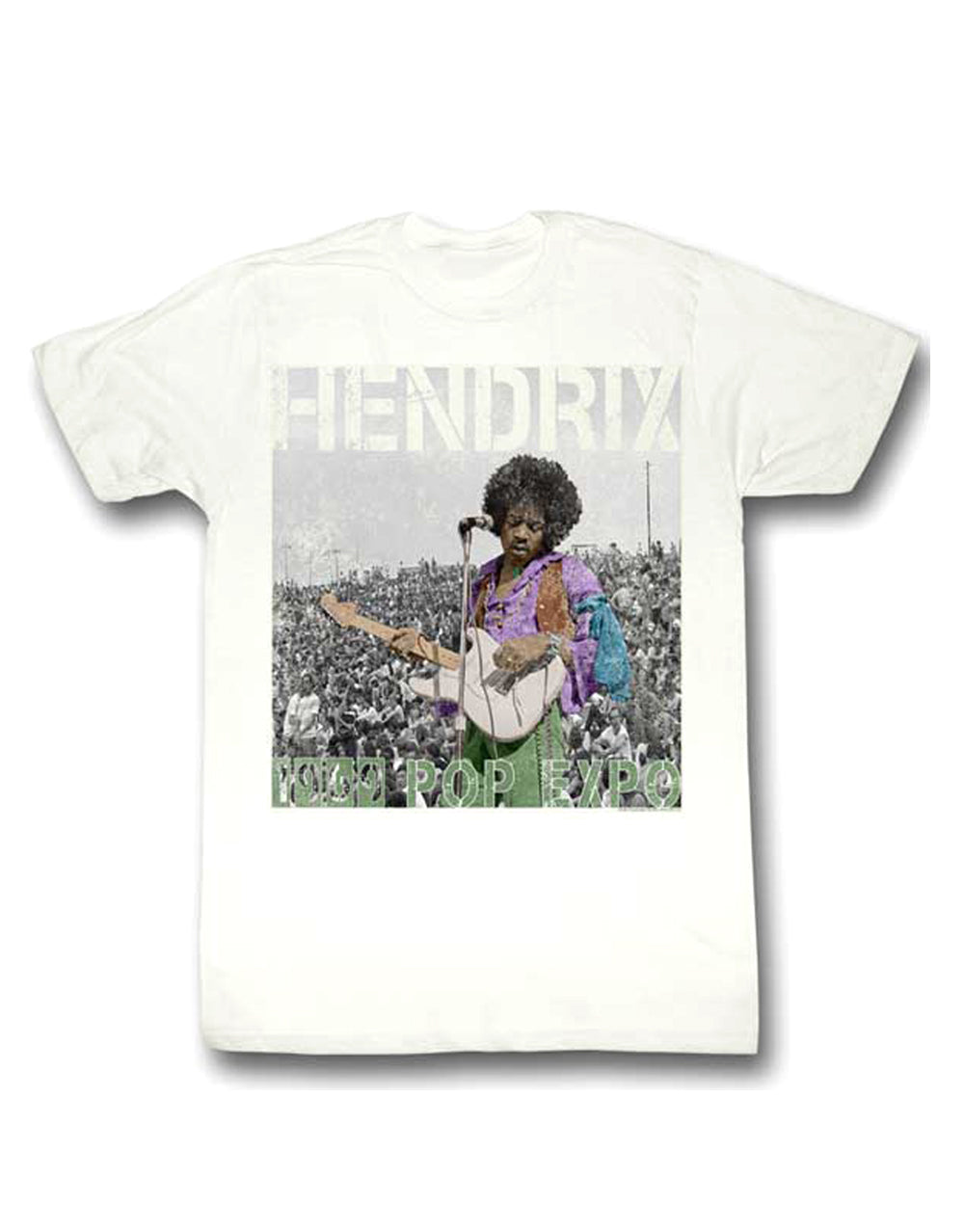 Jimi Hendrix expo graphic on a white adult t-shirt.