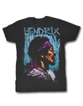 Jimi Hendrix heathered charcoal grey graphic on a heathered charcoal grey adult t-shirt.